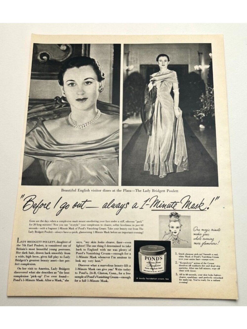 Ponds Vanishing Cream Vintage Print Ad 1940s Lady Bridgett Poulett Face Mask